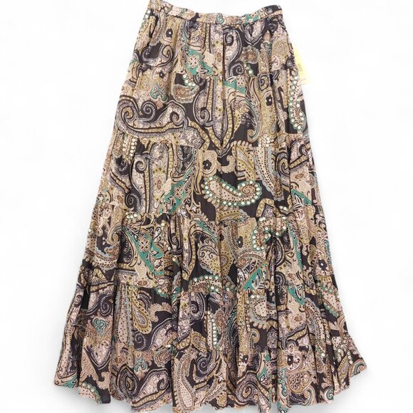 Reba Skirt Womens Small Brown Paisley Sequin Maxi Boho Lined Tiered Cotton - Picture 1 of 11